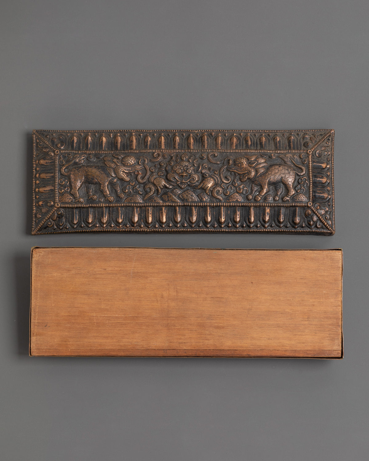 Handcrafted Tibetan Scripture Book Cover | Copper and Wood Buddhist Manuscript Protection