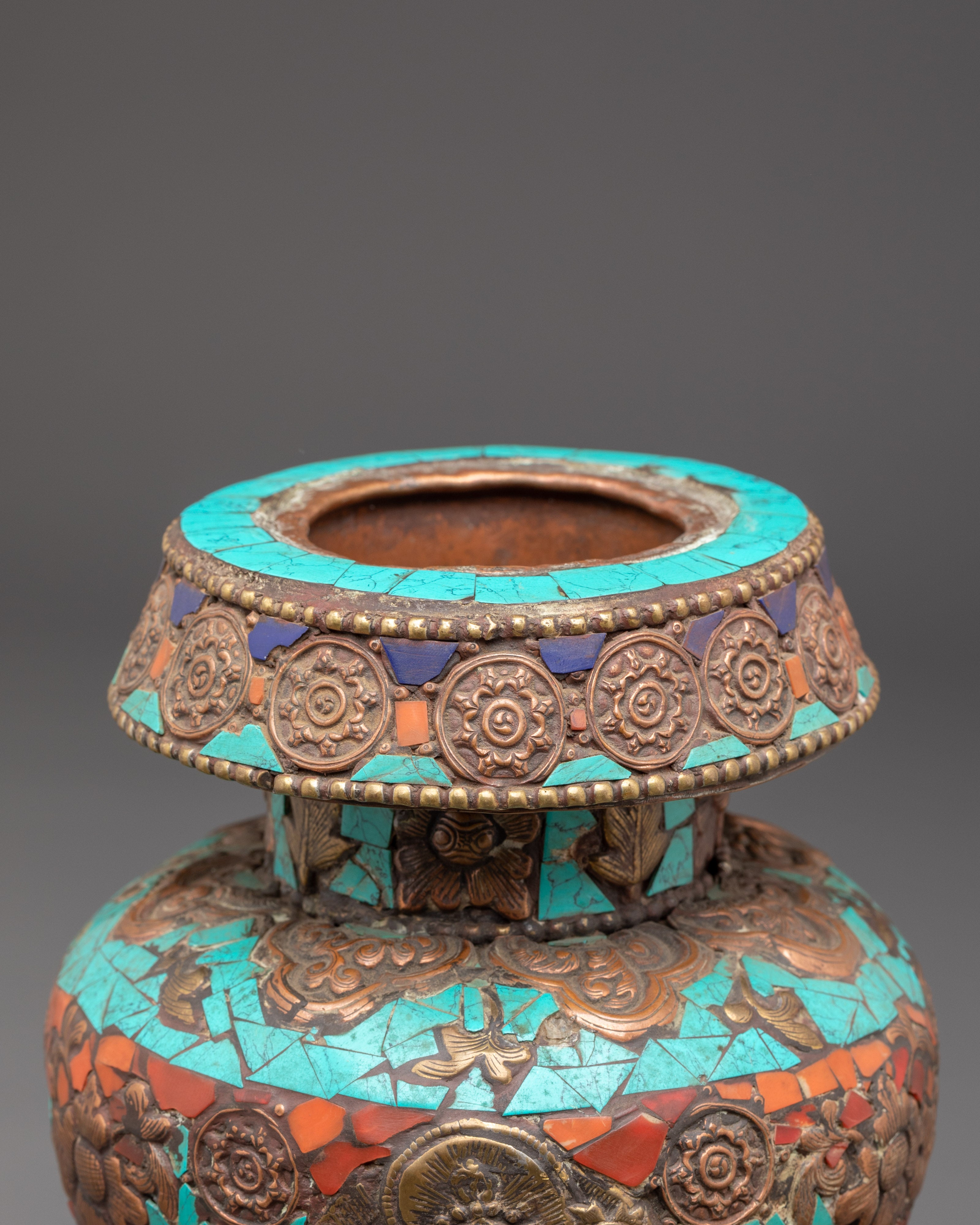 Copper Rice Pot with Turquoise and Coral Inlay | Symbol of Abundance and Prosperity