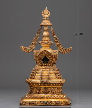 Sacred Buddhist Altar Stupa | Gold Plated Tibetan Shrine Decor