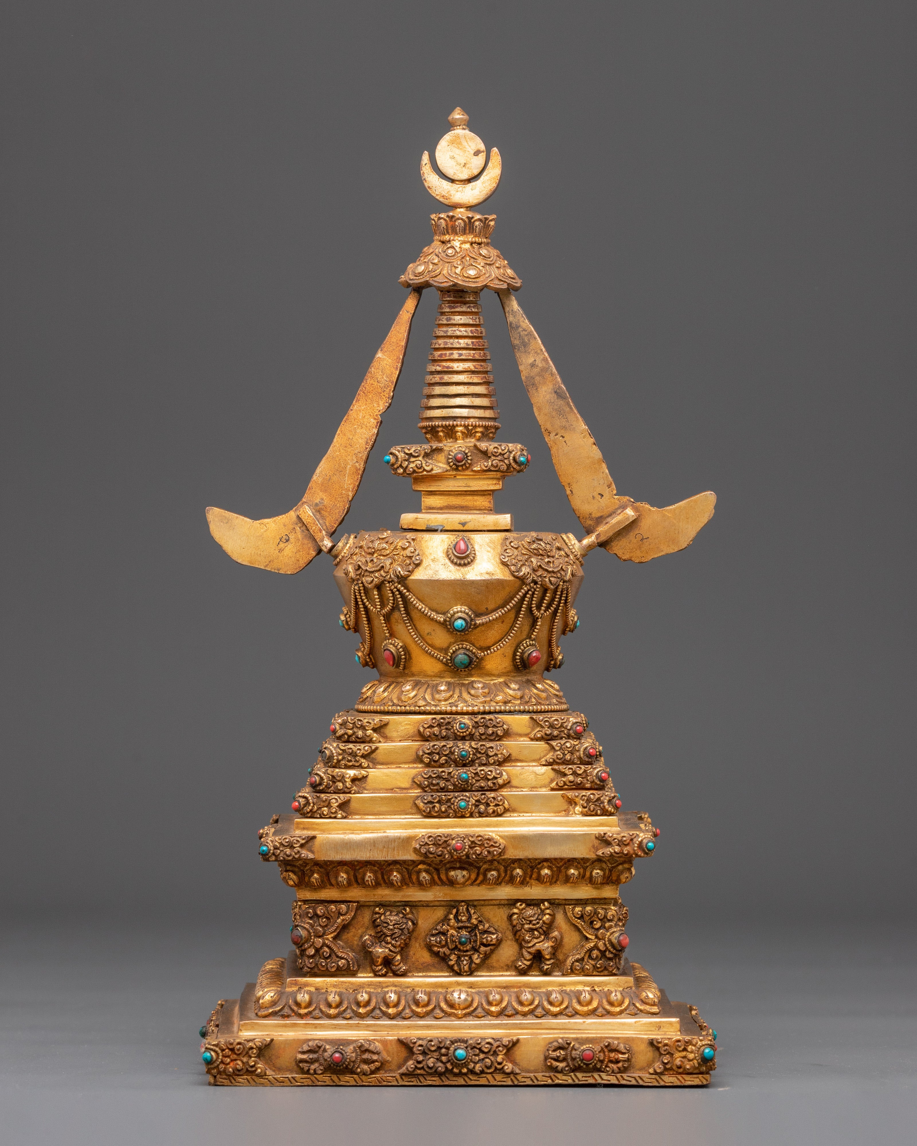 Sacred Buddhist Altar Stupa | Gold Plated Tibetan Shrine Decor