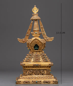 Sacred Stupa Containing Amitābha Buddha | Gold Plated Copper with Turquoise Inlay