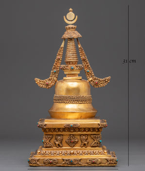 Sacred Buddhist Stupa Monument | Gold Plated Copper with Turquoise Inlay
