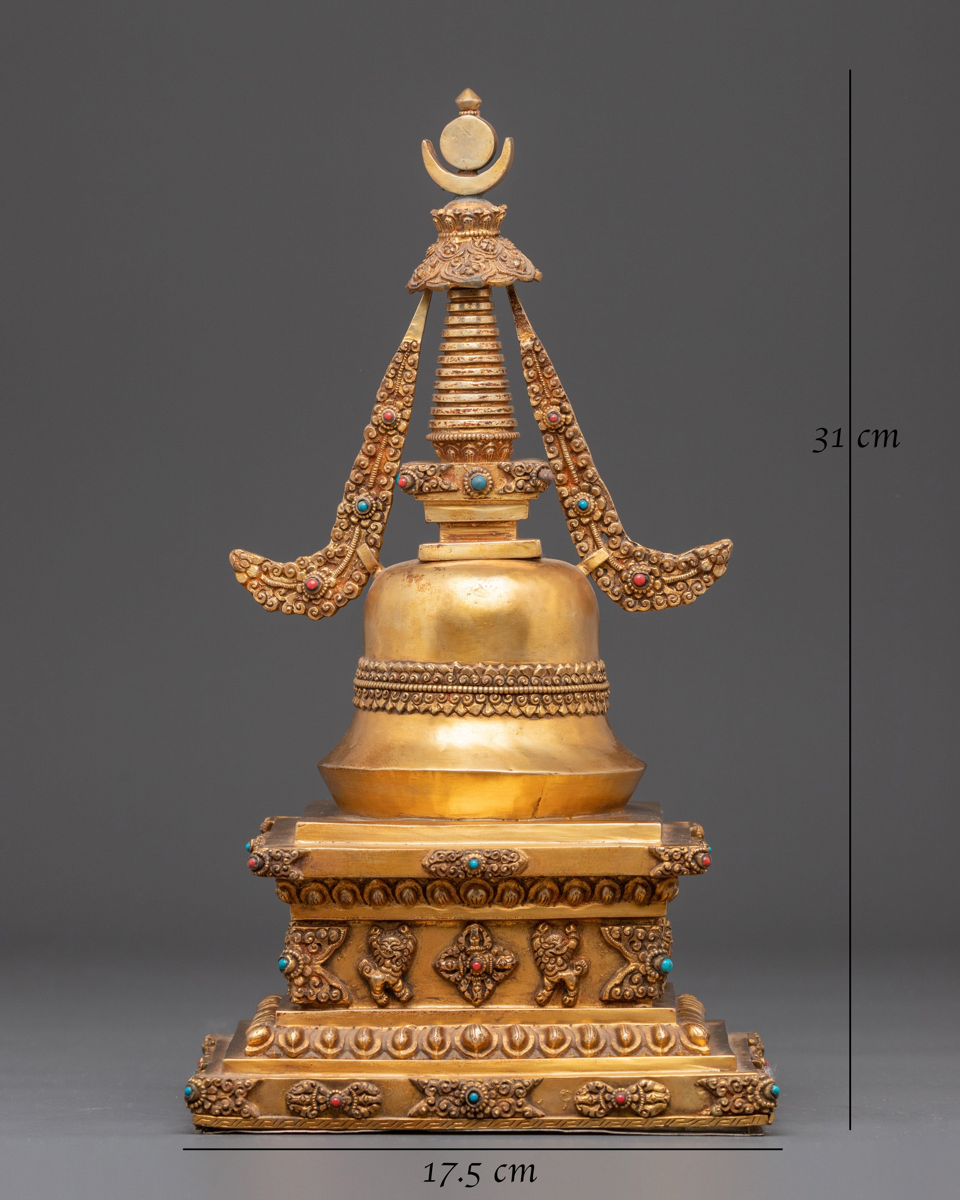 Sacred Buddhist Stupa Monument | Gold Plated Copper with Turquoise Inlay