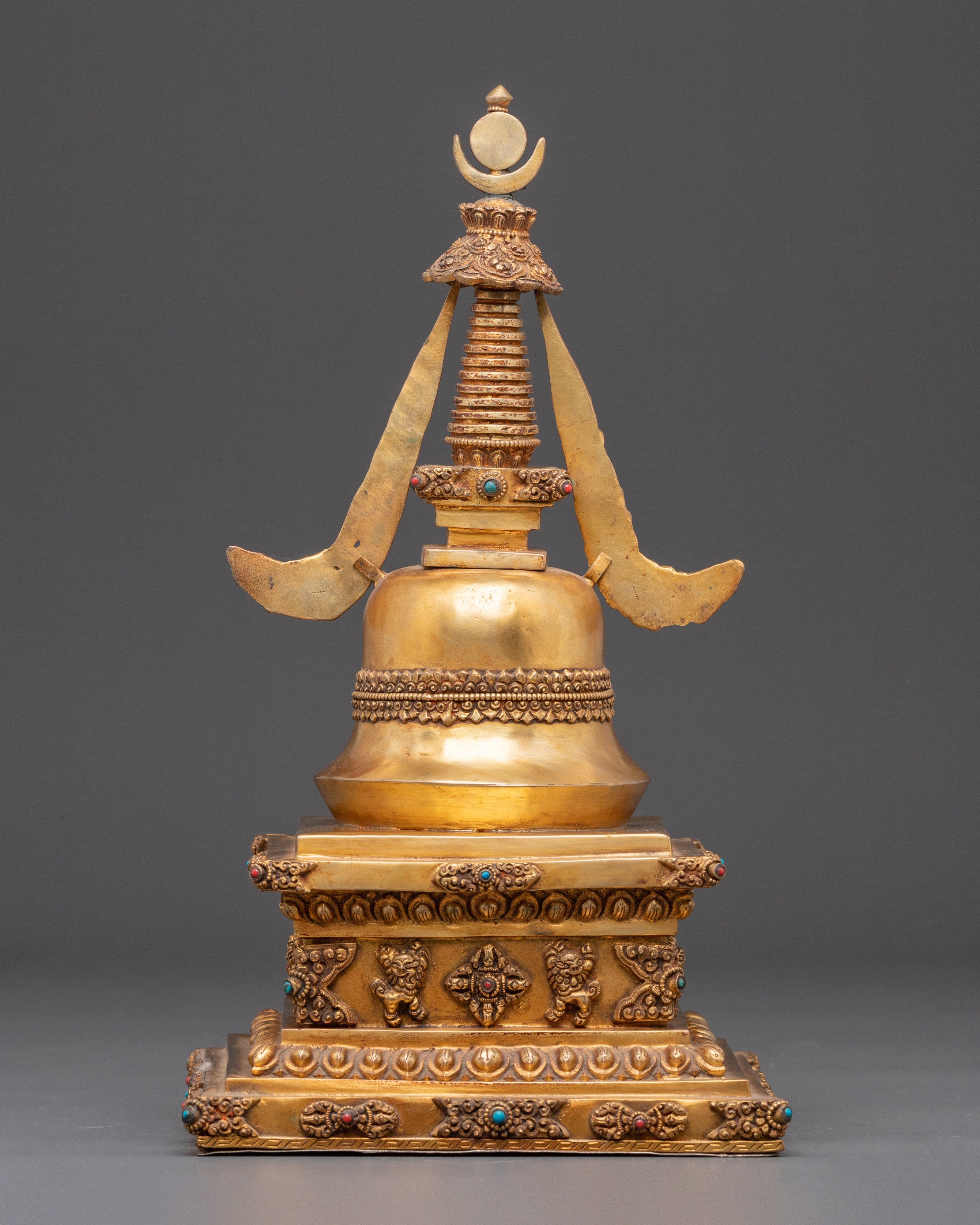Sacred Buddhist Stupa Monument | Gold Plated Copper with Turquoise Inlay