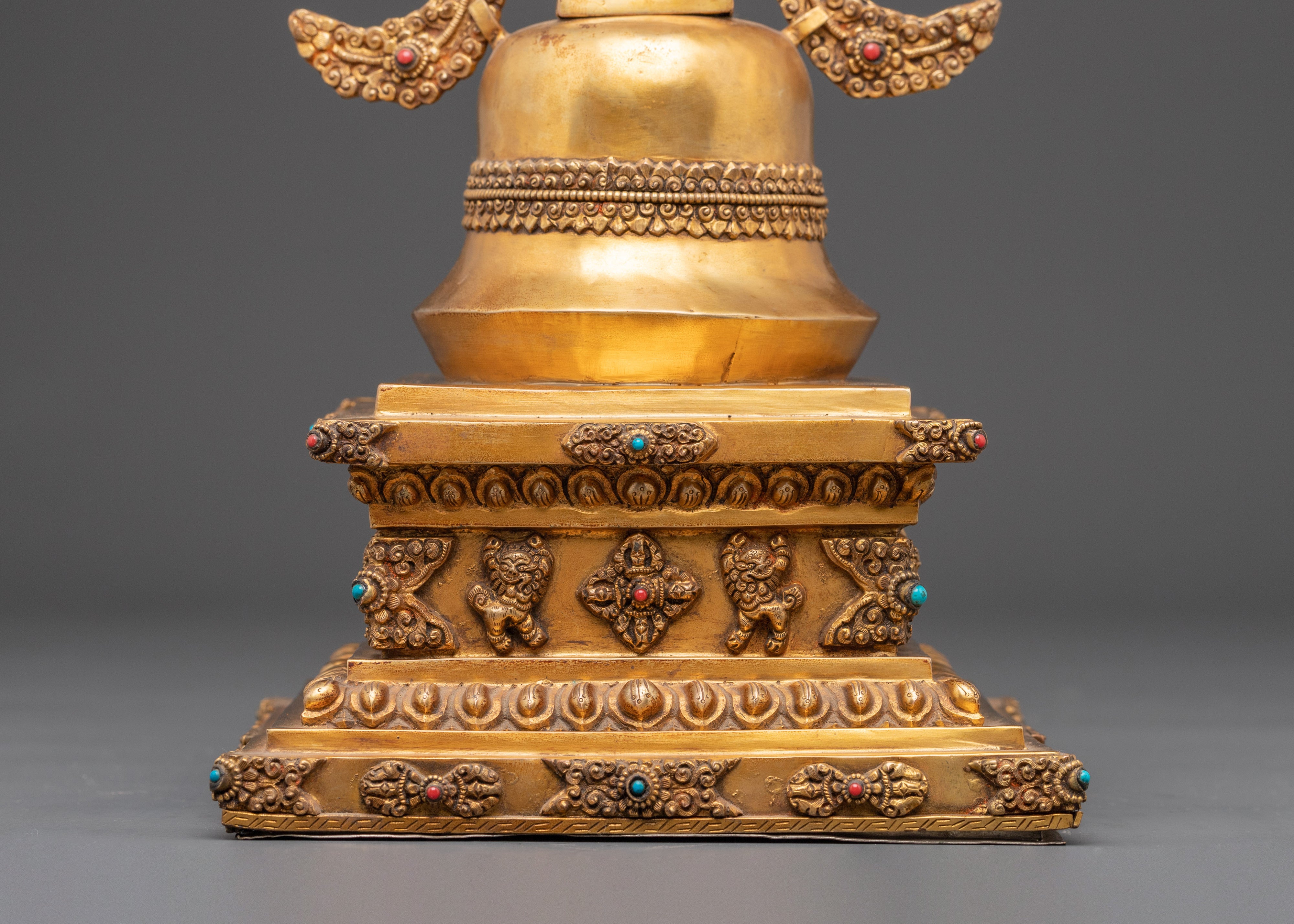 Sacred Buddhist Stupa Monument | Gold Plated Copper with Turquoise Inlay