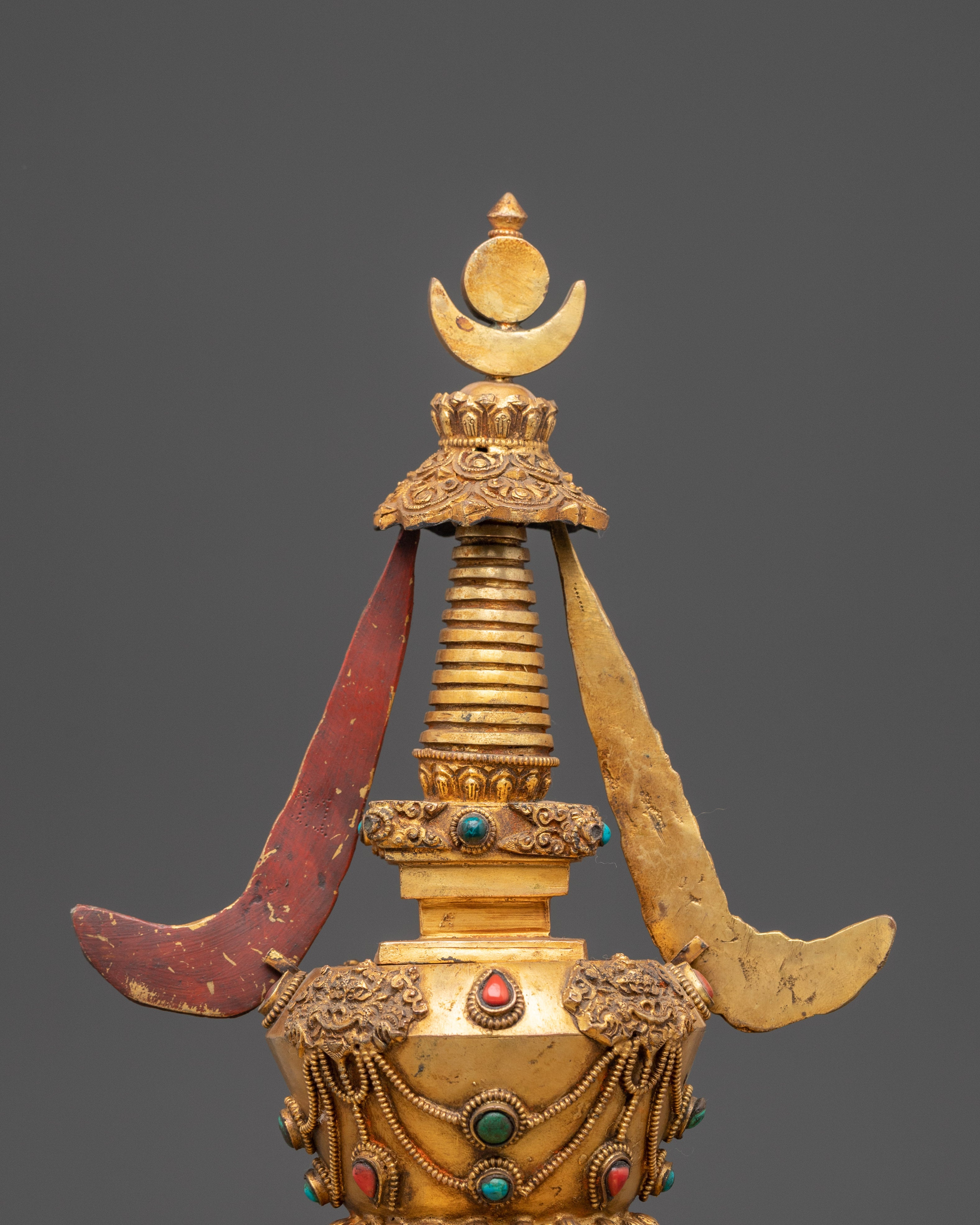 Handmade Gold Plated Buddhist Stupa with Buddha | Copper Stupa with Turquoise Inlay