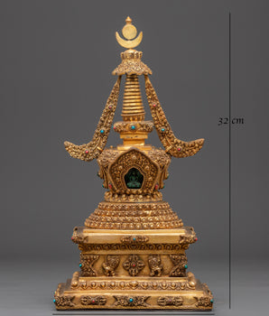Handmade Gold Plated Buddhist Stupa with Buddha | Copper Stupa with Turquoise Inlay