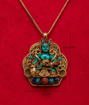 Spiritual Tibetan Turquoise Buddha Locket | Gold Plated Silver with Coral and Lapis Inlay