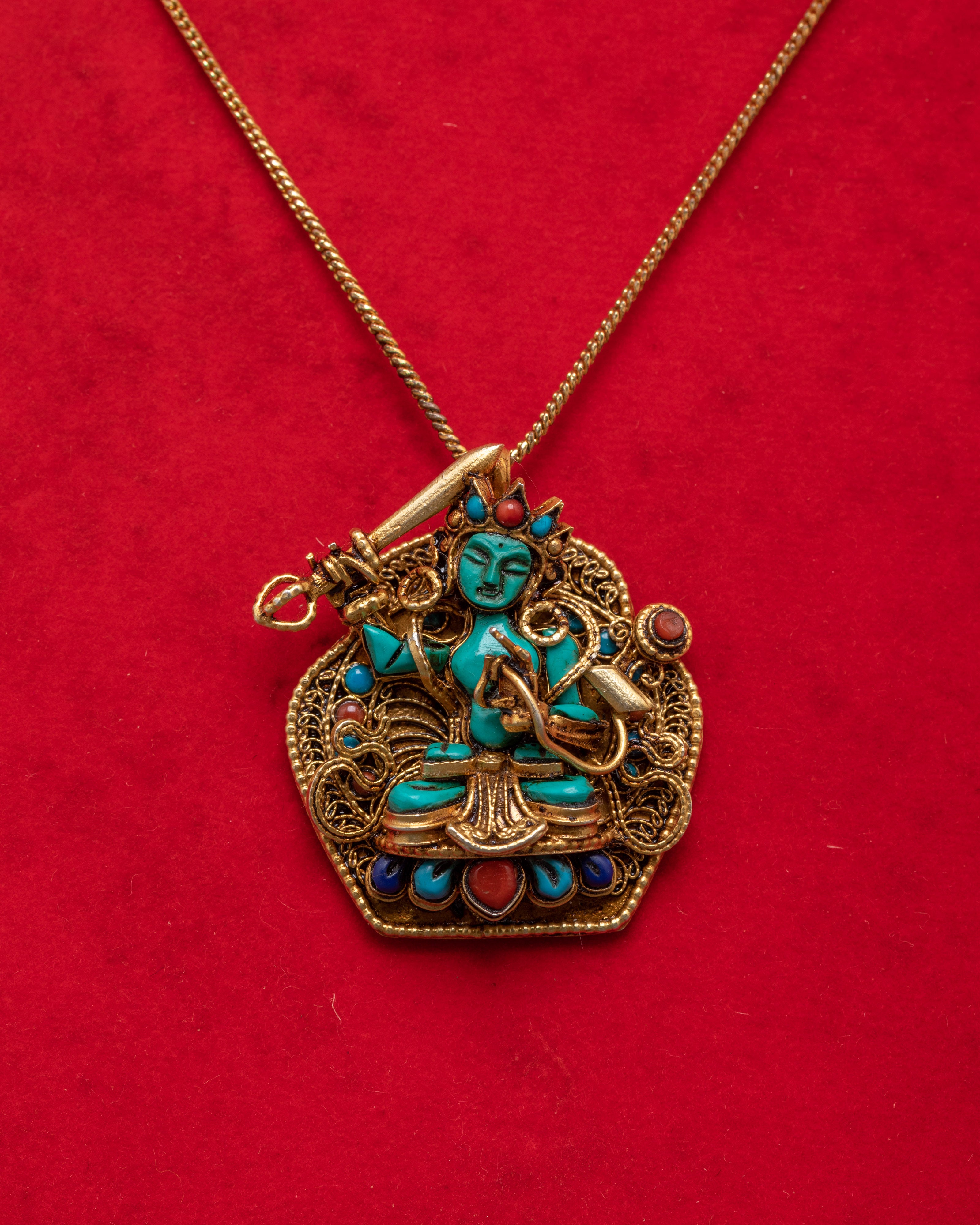 Handmade Tibetan Manjushri Amulet Locket | Gold Plated Silver with Turquoise and Coral