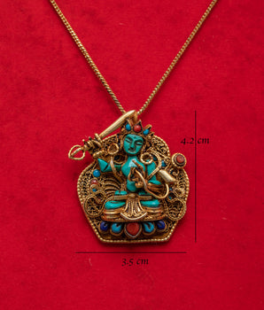 Handmade Tibetan Manjushri Amulet Locket | Gold Plated Silver with Turquoise and Coral