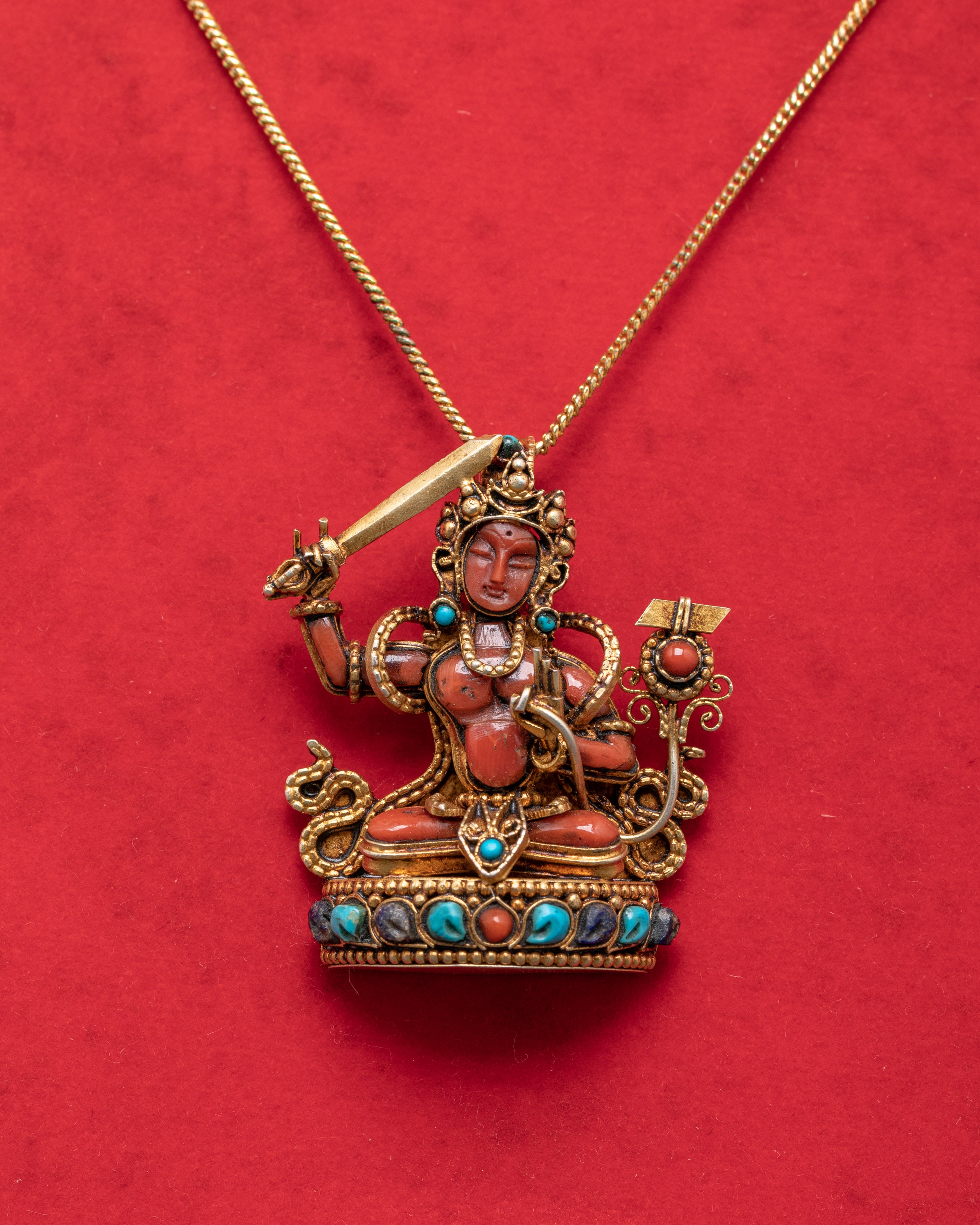 Handcrafted Tibetan Manjushri Locket | Silver Gold Plated with Turquoise and Coral