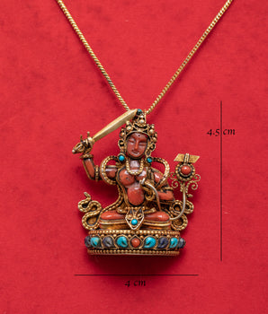 Handcrafted Tibetan Manjushri Locket | Silver Gold Plated with Turquoise and Coral