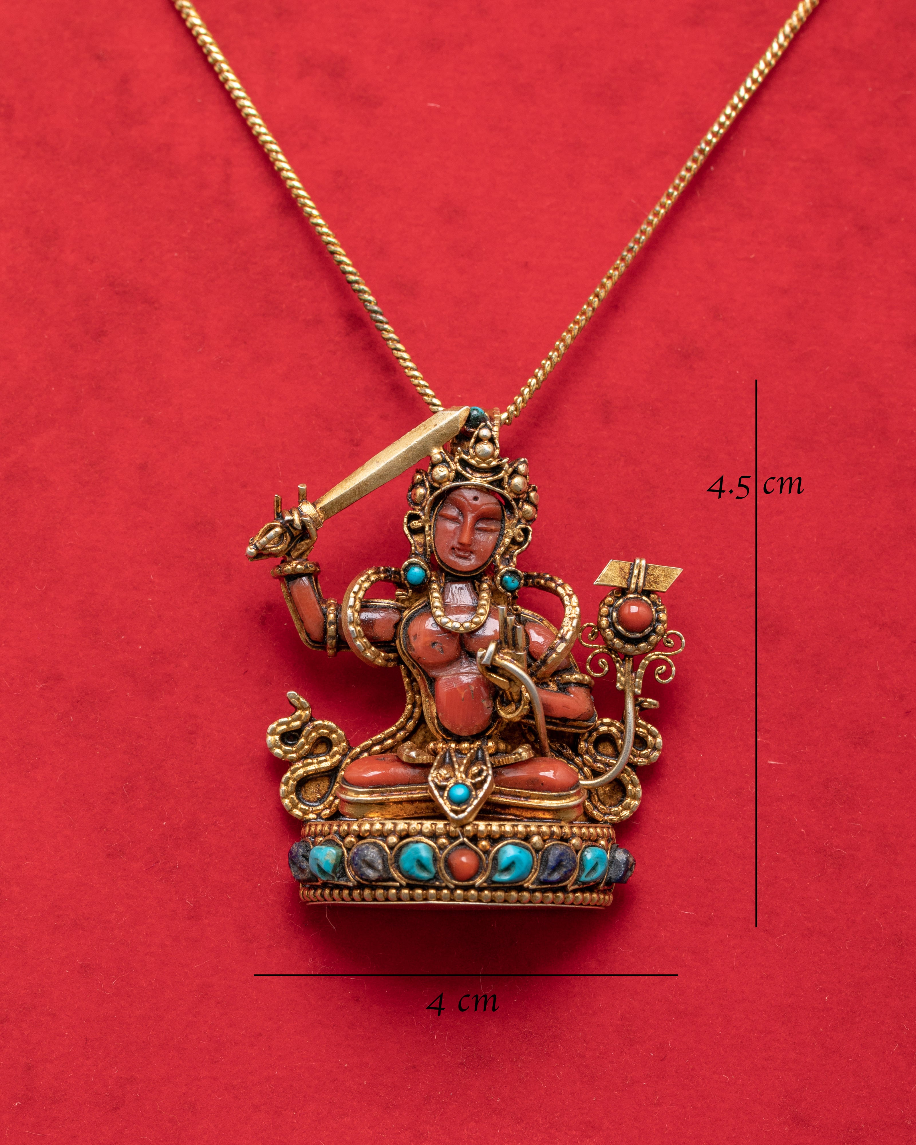 Handcrafted Tibetan Manjushri Locket | Silver Gold Plated with Turquoise and Coral