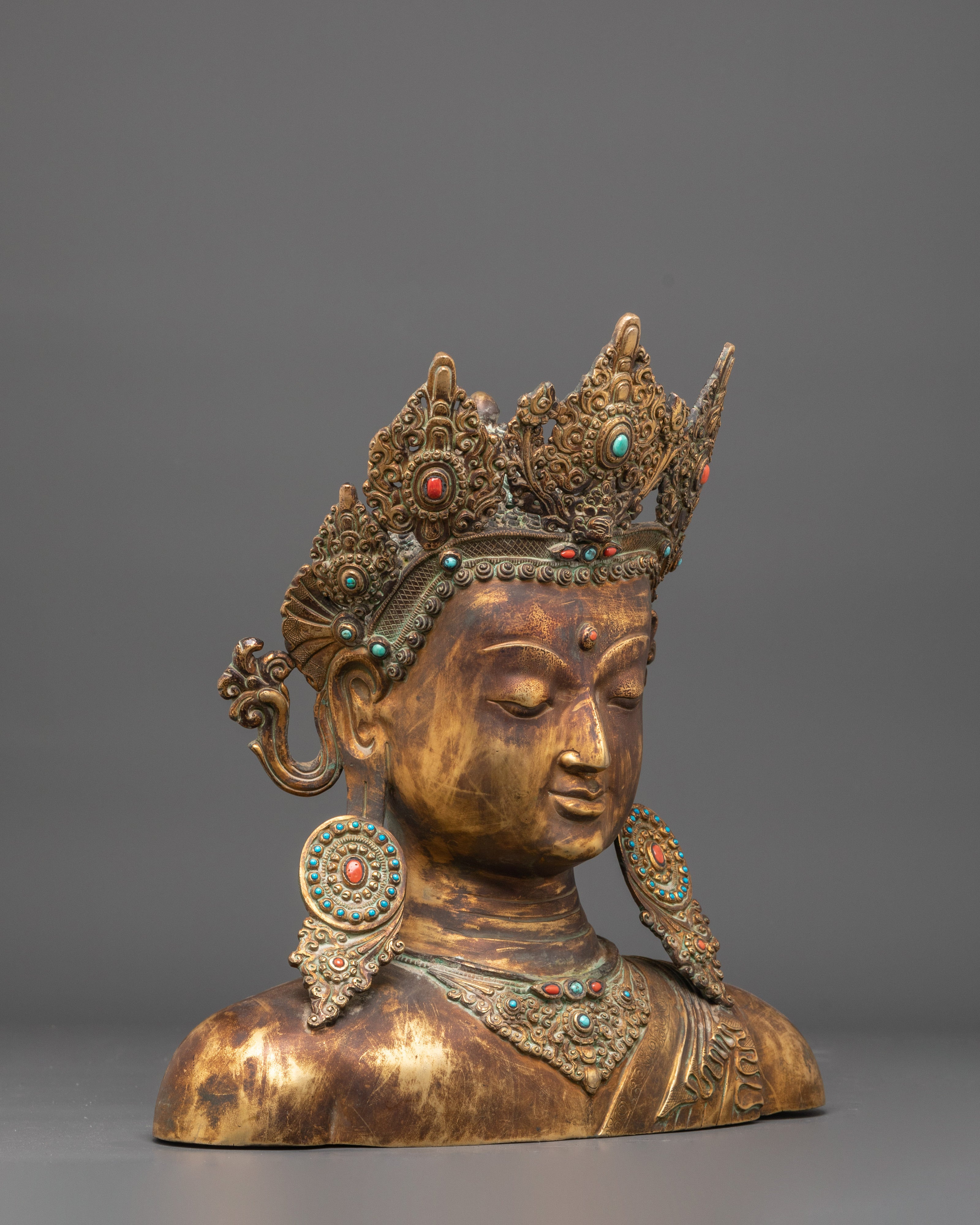 Handcrafted Gold Plated Buddha Head | Oxidized Copper Statue