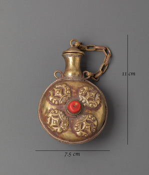Himalayan Ritual Snuff Container | Brass Copper Snuff Bottle with Coral Inlay