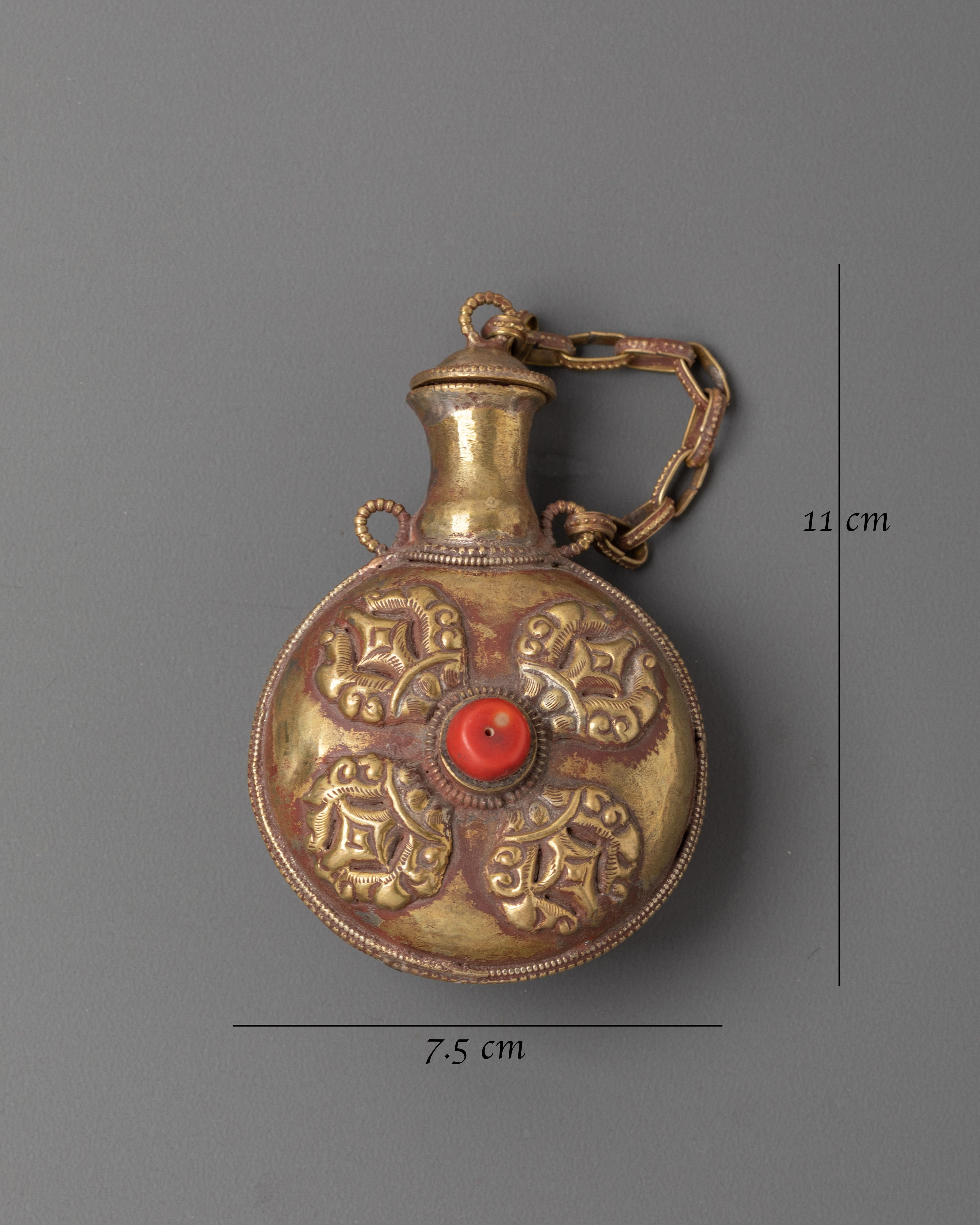 Himalayan Ritual Snuff Container | Brass Copper Snuff Bottle with Coral Inlay