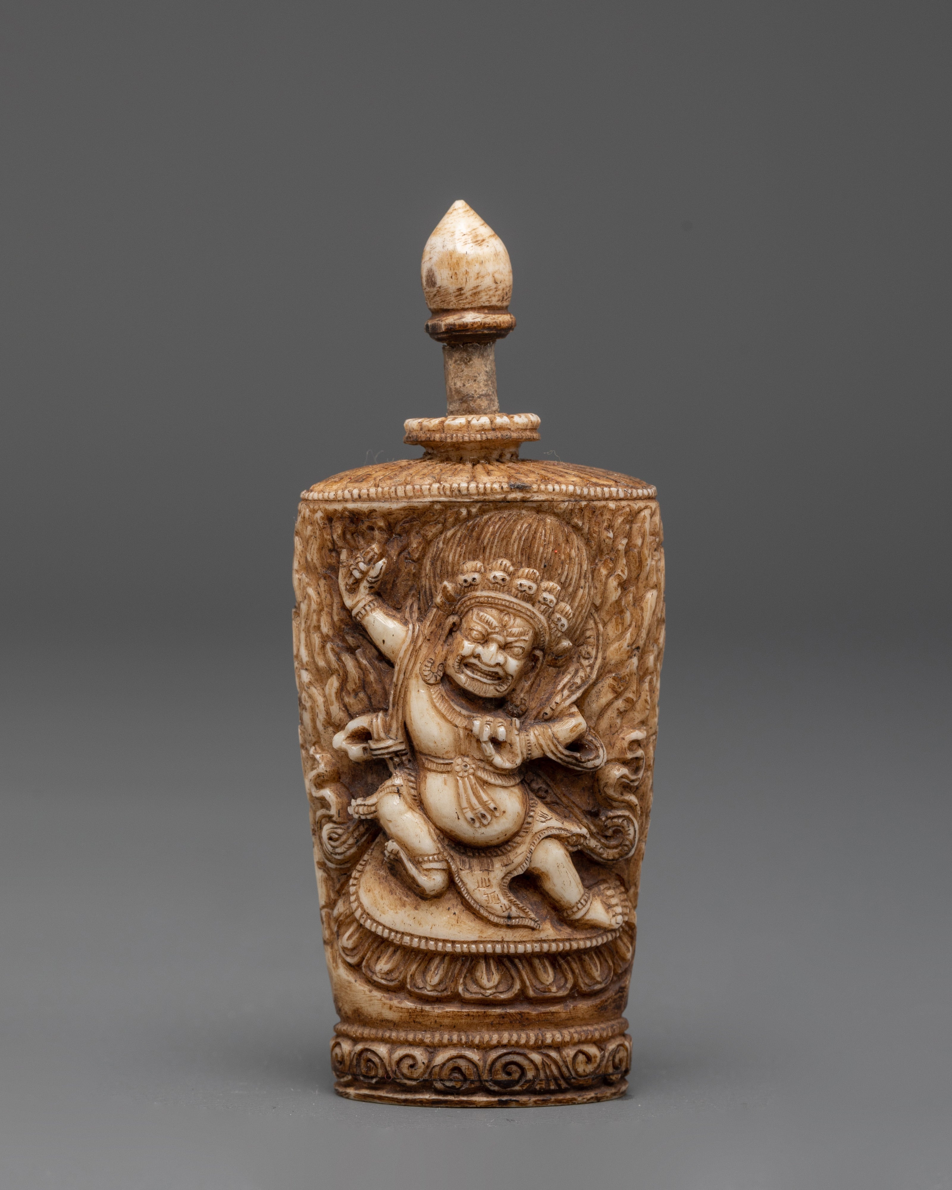 Hand-Carved Tibetan Guardian Deity Snuff Pot