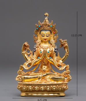 Sacred Bodhisattva Chenrezig Handmade Statue | Gold Plated Tibetan Deity Sculpture