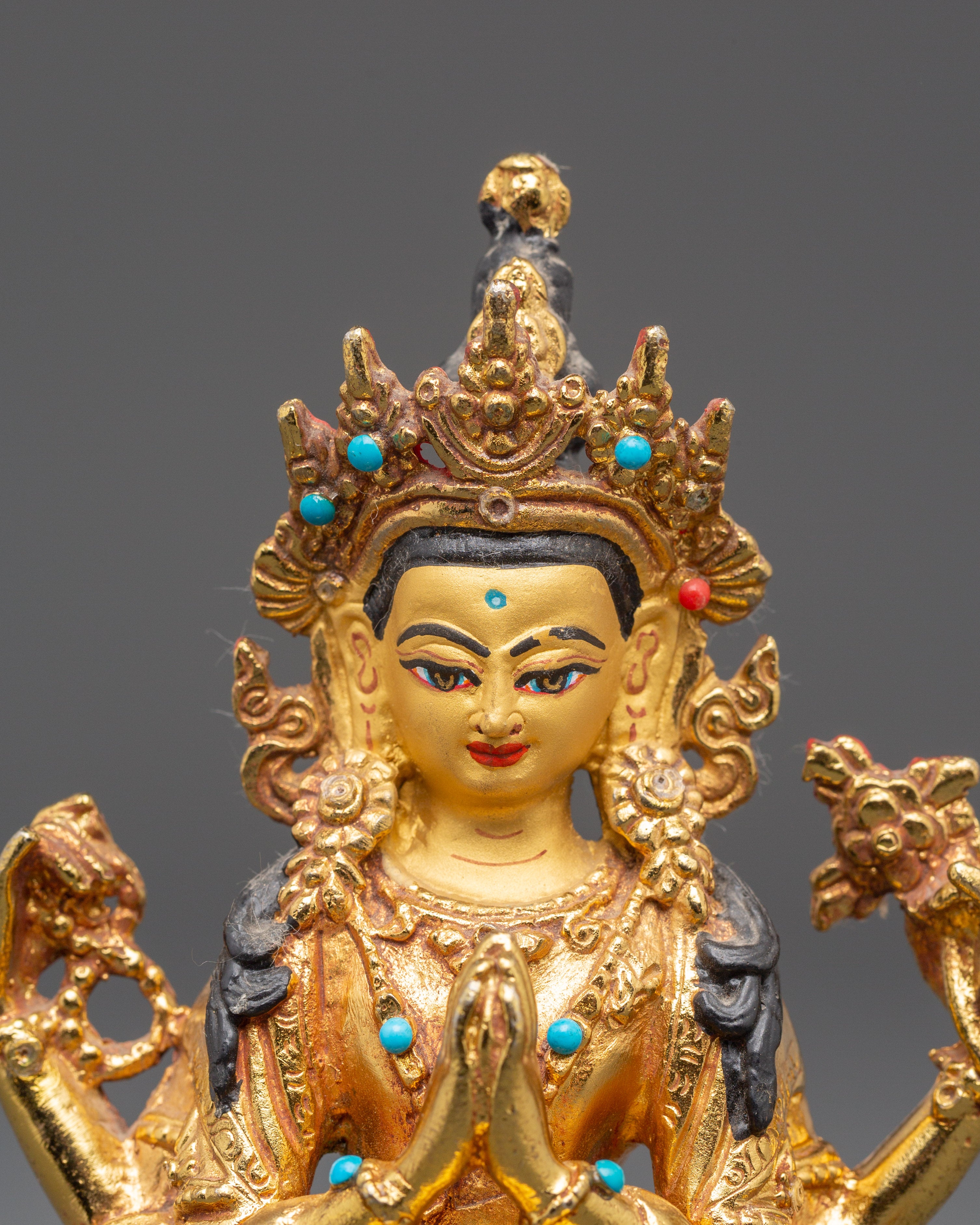 Sacred Bodhisattva Chenrezig Handmade Statue | Gold Plated Tibetan Deity Sculpture