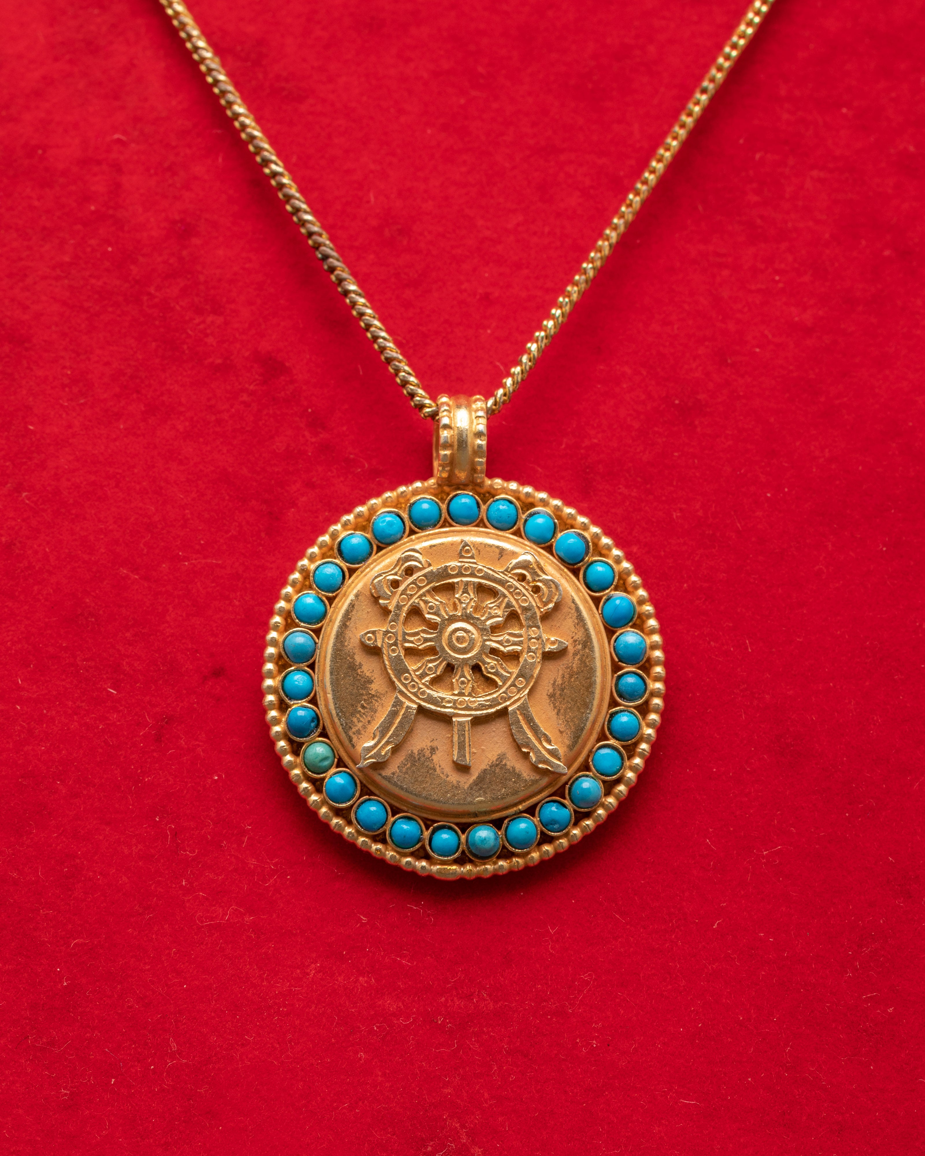 Handcrafted Dharma Wheel Pendant | Turquoise Silver & Gold Plated Jewelry