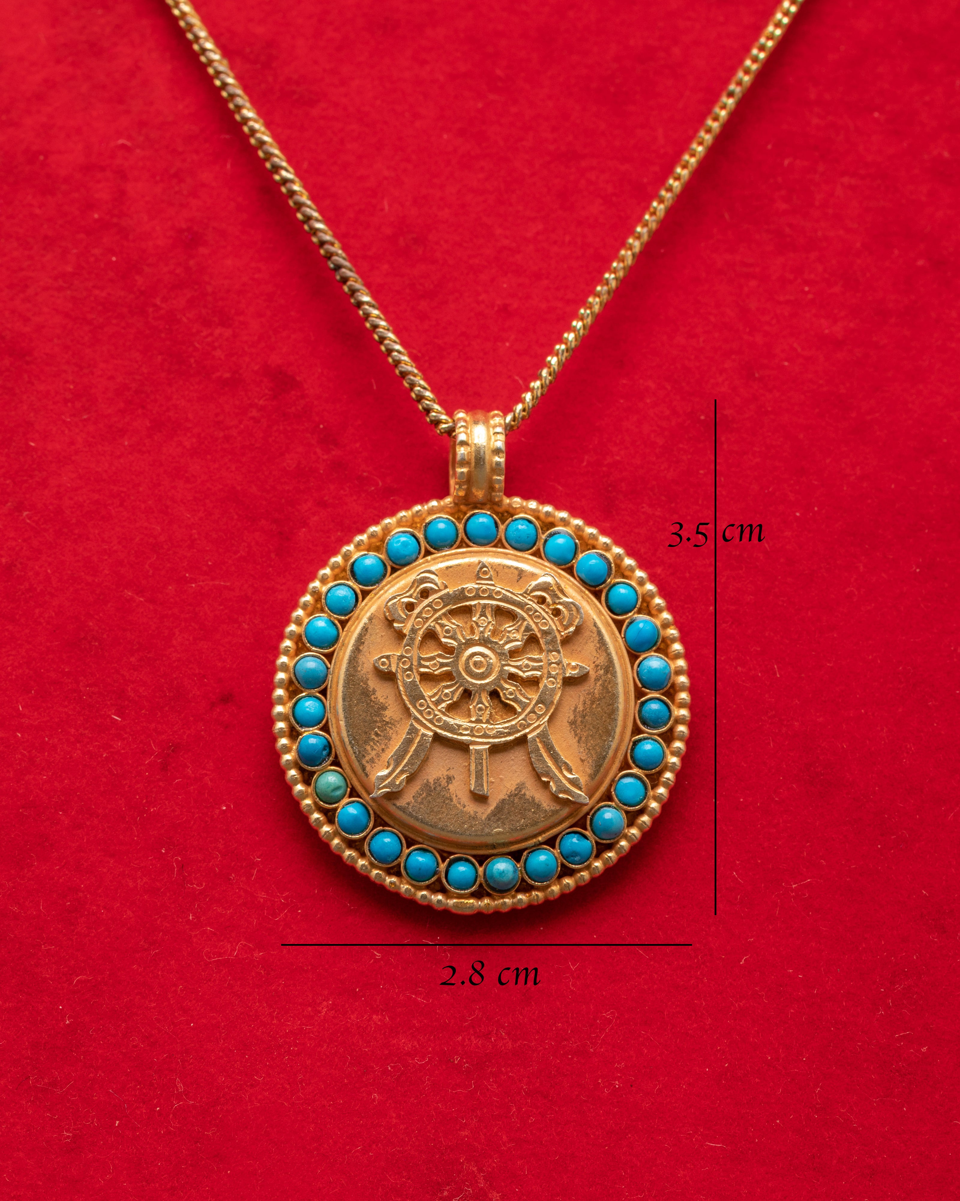 Handcrafted Dharma Wheel Pendant | Turquoise Silver & Gold Plated Jewelry