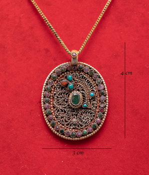 Silver Pendant with Intricate Filigree Design | Panna, Ruby, Coral & Turquoise Stones
