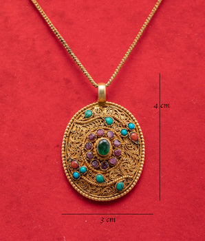Elegant Handcrafted Gold Filigree Locket | Panna, Ruby, Coral, and Turquoise Stones