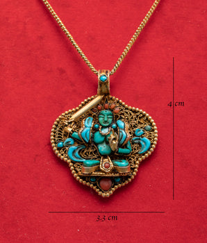 Handcrafted Manjushri Pendant | Silver, Gold Plated with Turquoise & Coral Stones