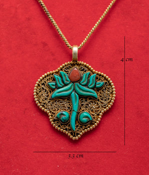 Handmade Gold Plated Turquoise Floral Pendant | Silver & Coral Stone Jewelry