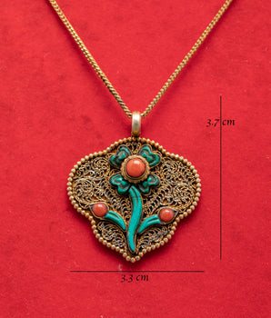 Gold Plated Flower Locket with Coral & Turquoise Stones