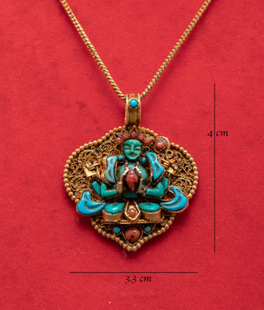Chenrezig Silver Locket | Locket with Turquoise & Coral Stones