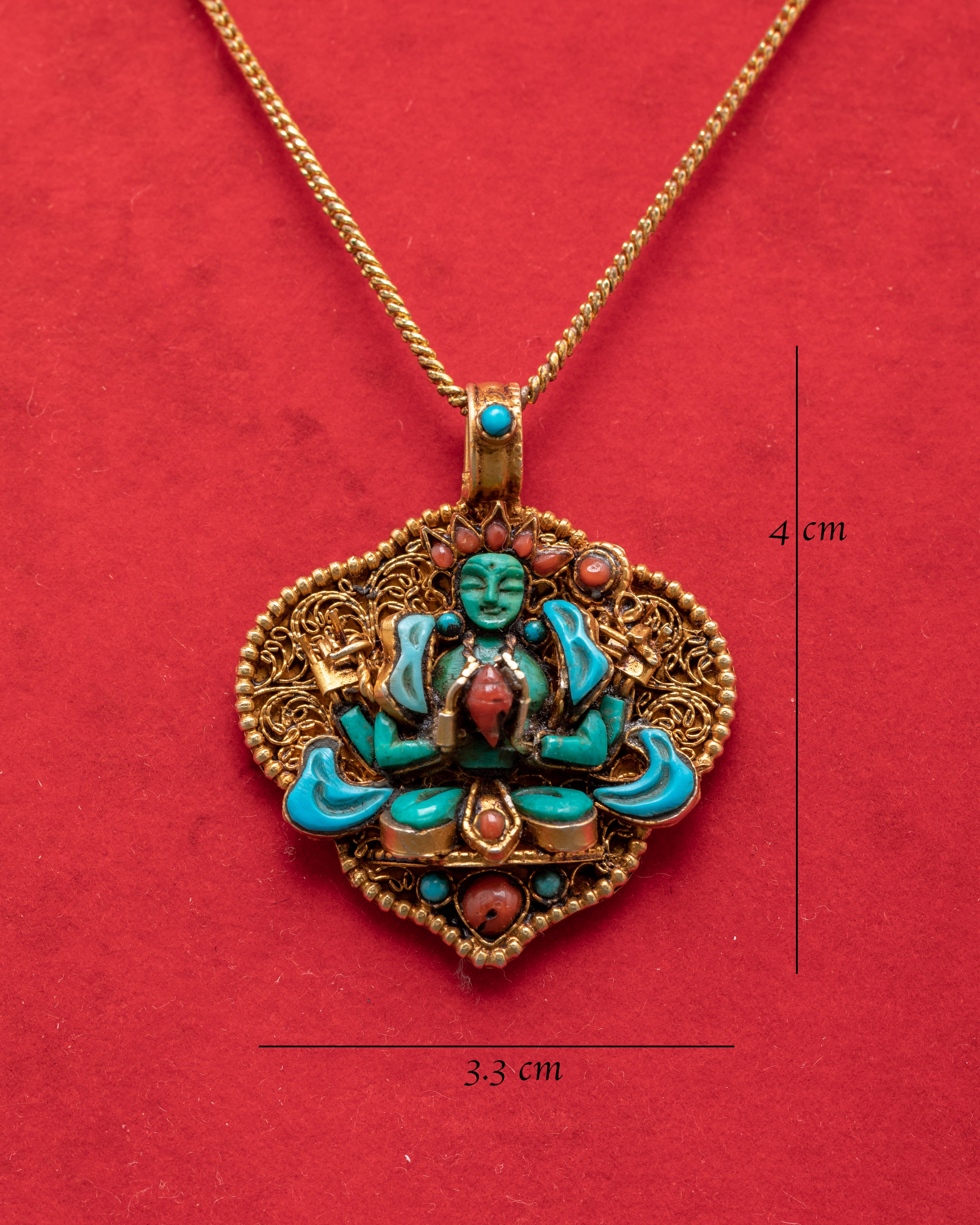 Chenrezig Silver Locket | Locket with Turquoise & Coral Stones