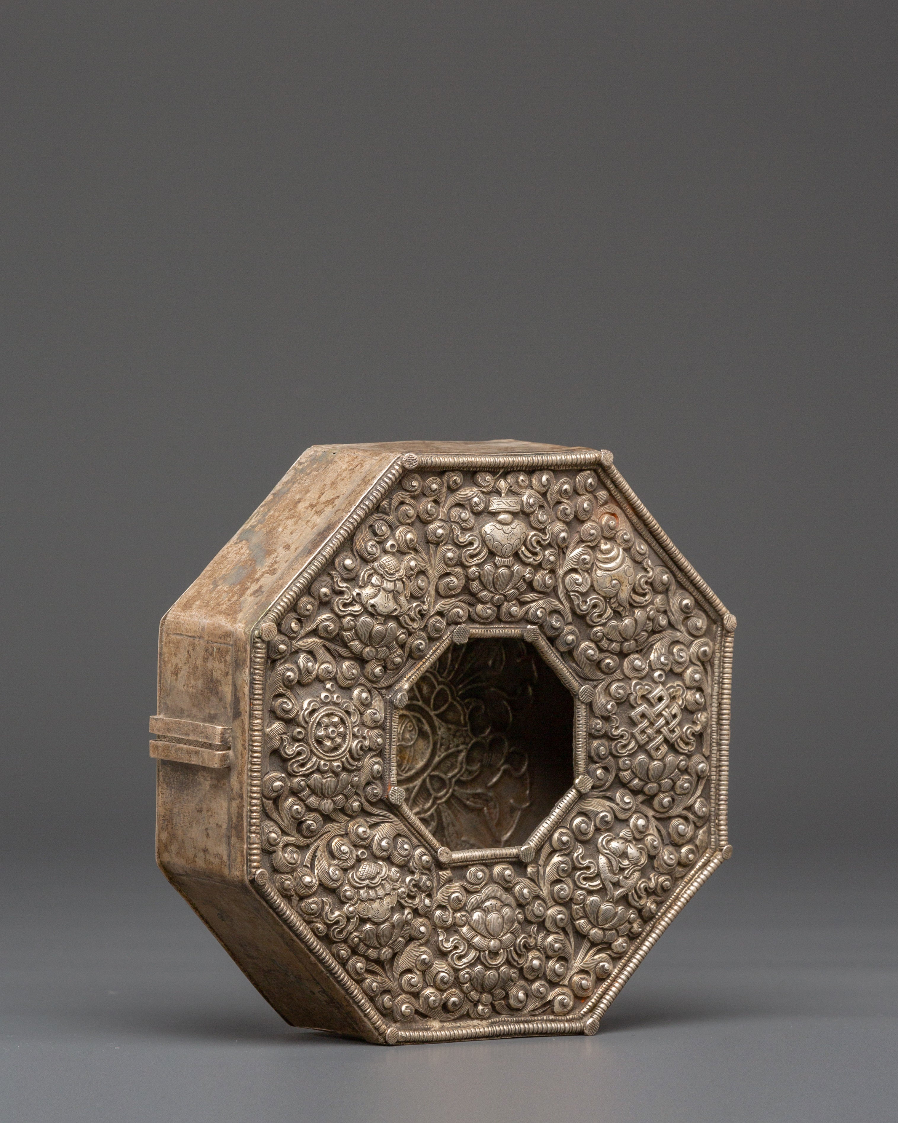 Handmade Tibetan Silver Plated Ghau Box | Copper Body with Unique Motifs