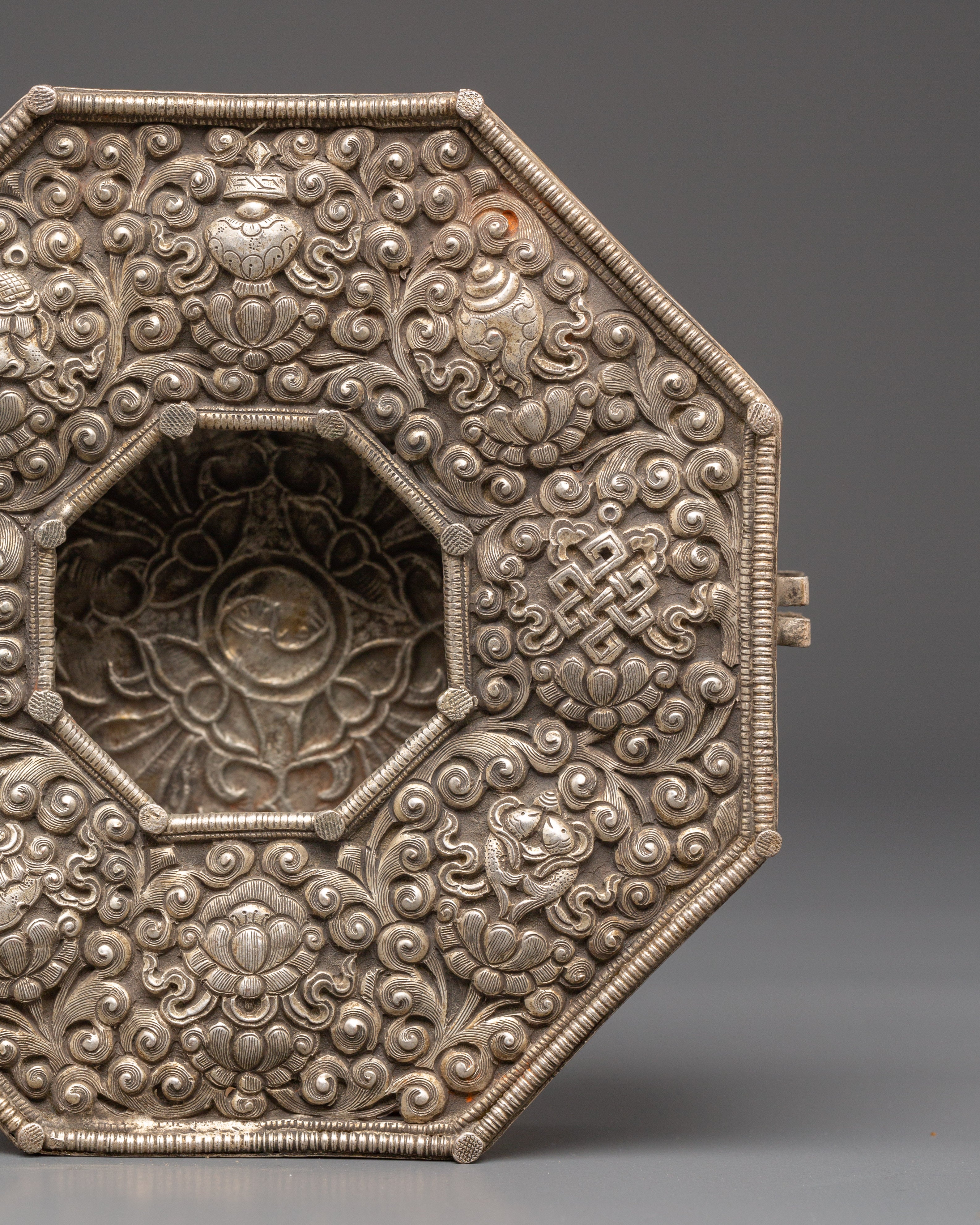 Handmade Tibetan Silver Plated Ghau Box | Copper Body with Unique Motifs
