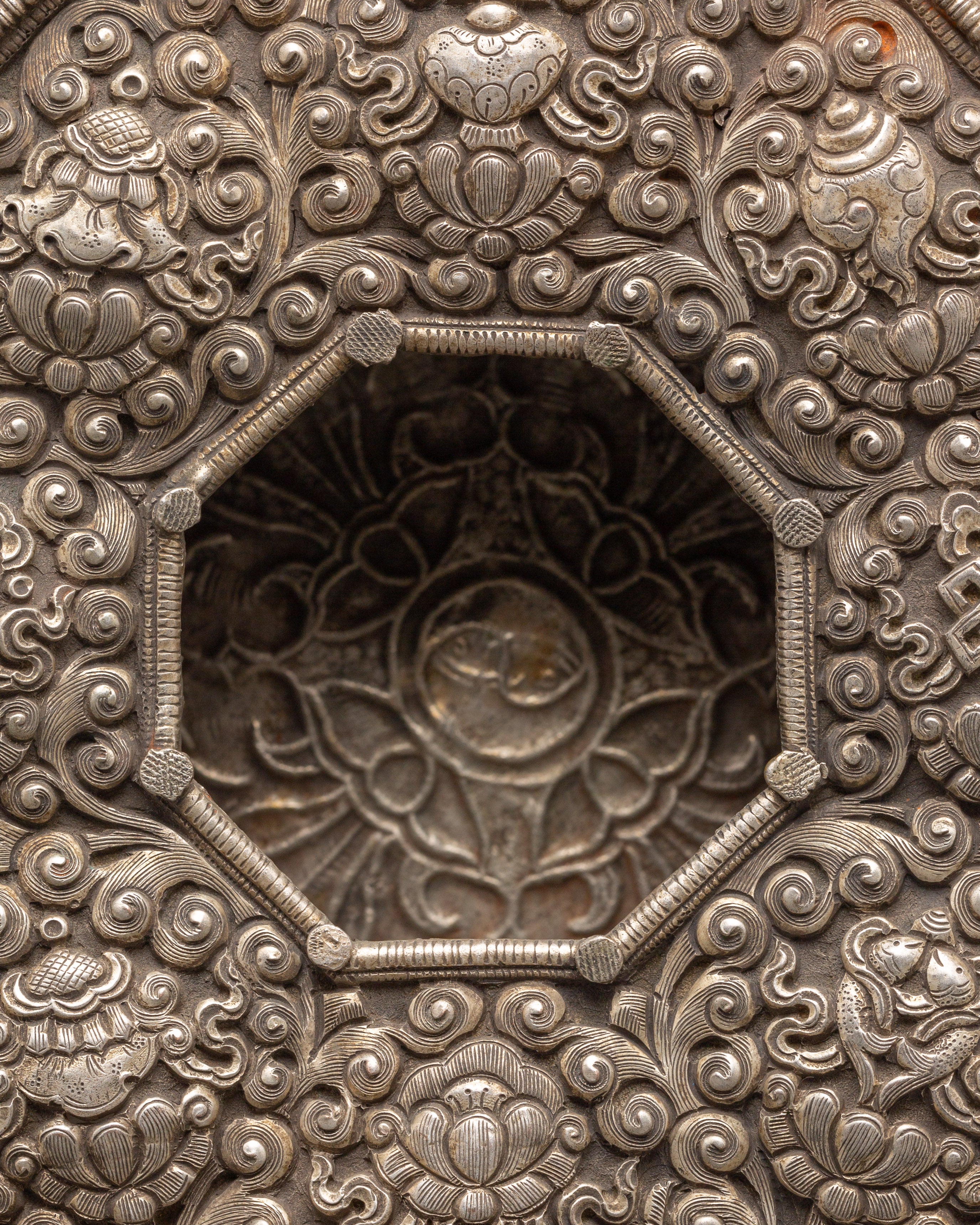 Handmade Tibetan Silver Plated Ghau Box | Copper Body with Unique Motifs