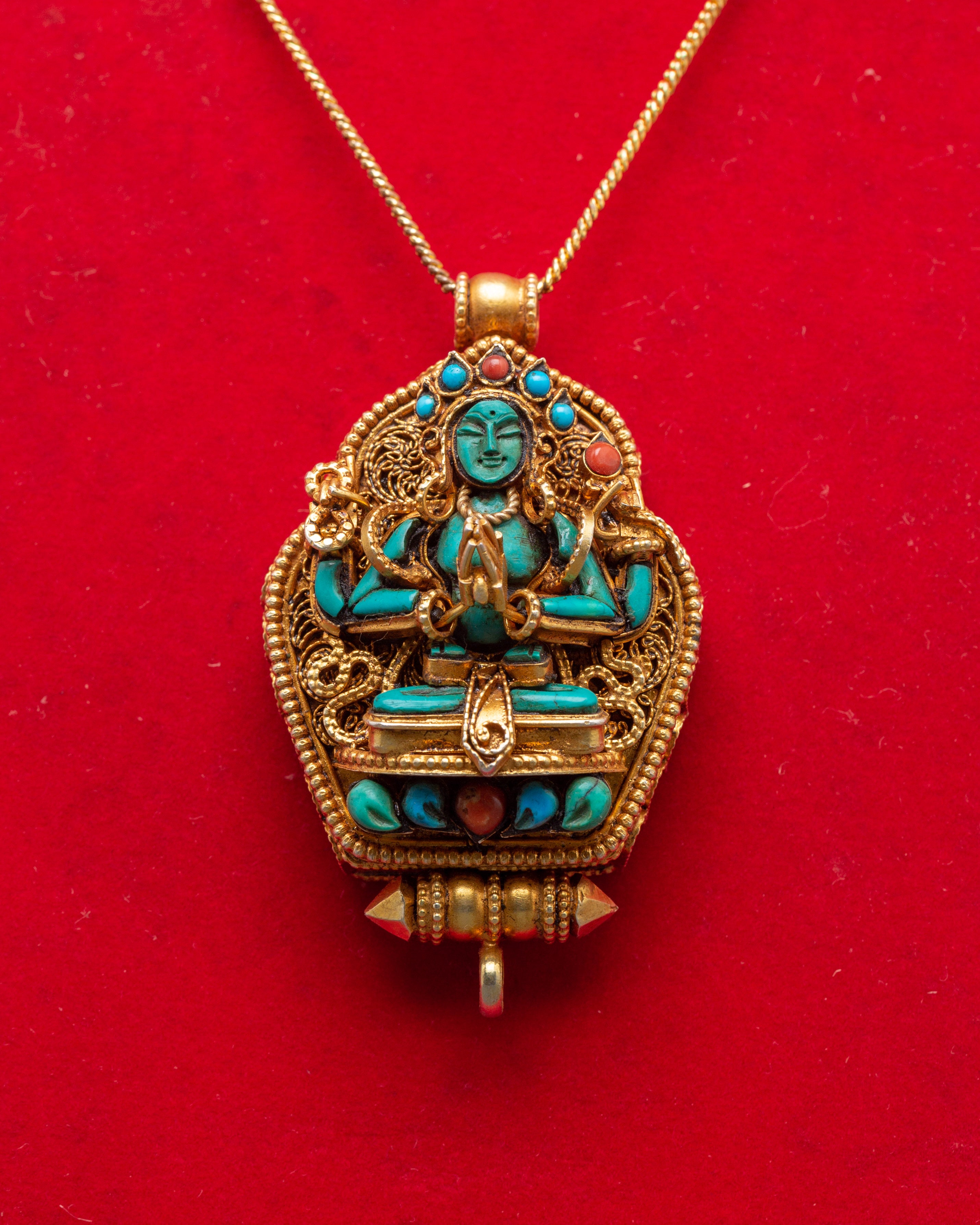 Sacred Gold Plated Chenrezig Ghau Box Locket | Buddhist Amulet