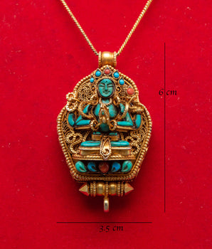 Sacred Gold Plated Chenrezig Ghau Box Locket | Buddhist Amulet