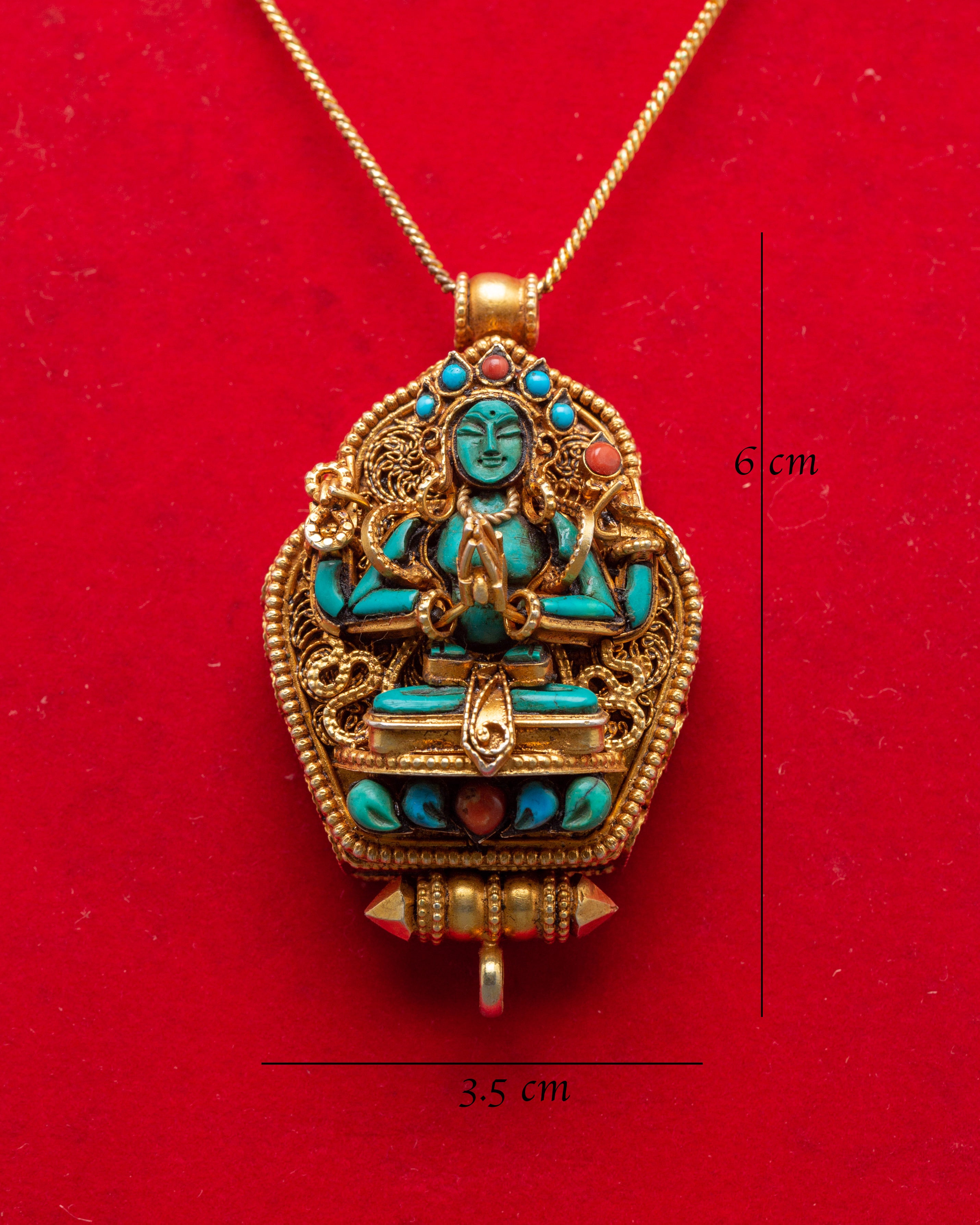 Sacred Gold Plated Chenrezig Ghau Box Locket | Buddhist Amulet