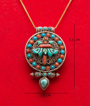 Buddhist Ghau Box Amulet | Silver Pendant with Coral & Turquoise