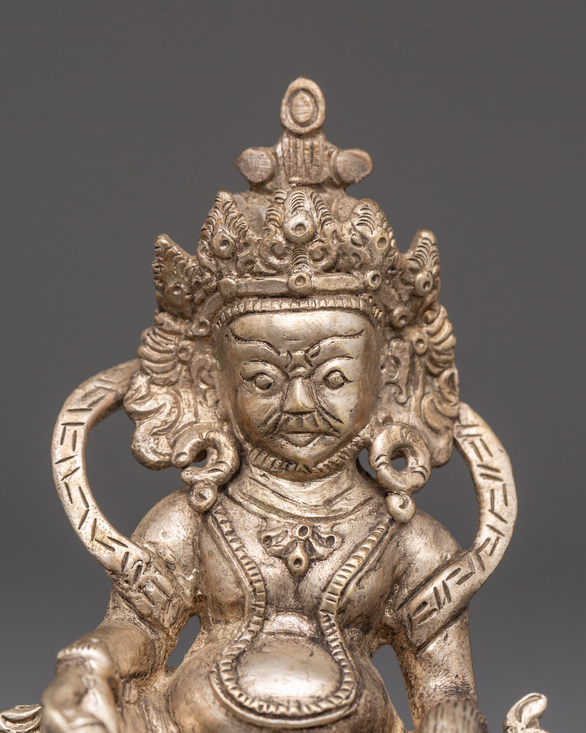 Sacred Statue of Wealth Icon Dzambhala | Silver Plated Copper Buddhist God of Prosperity
