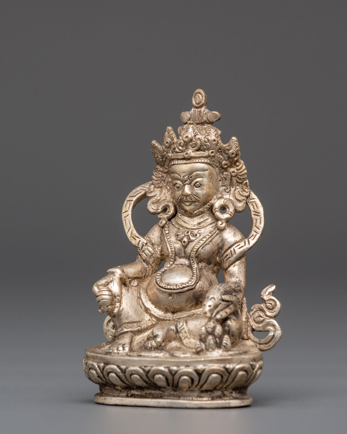 Sacred Statue of Wealth Icon Dzambhala | Silver Plated Copper Buddhist God of Prosperity
