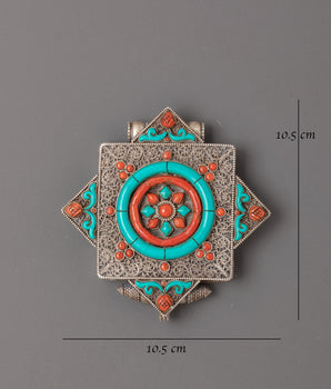 Traditional Mandala Ghau Box Locket | Silver Turquoise Coral Buddhist Shrine