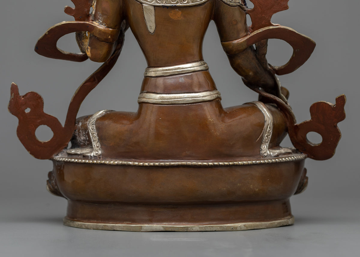 Green Tara Buddha Statue | Silver & Gold Harmony in Oxidized Copper