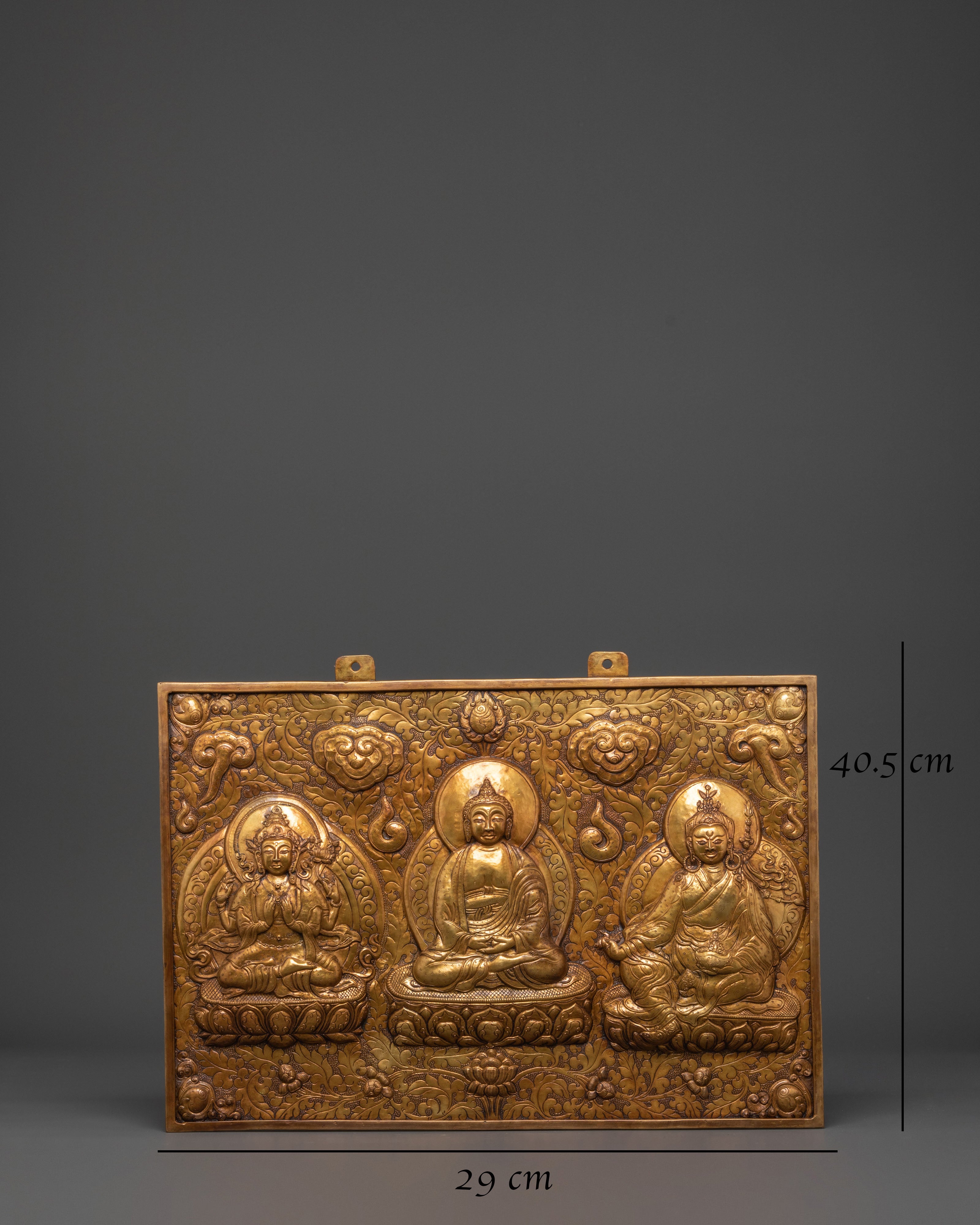 Handmade Buddhist Wall Hanging Brass | Three Buddha Trinity Sacred Art