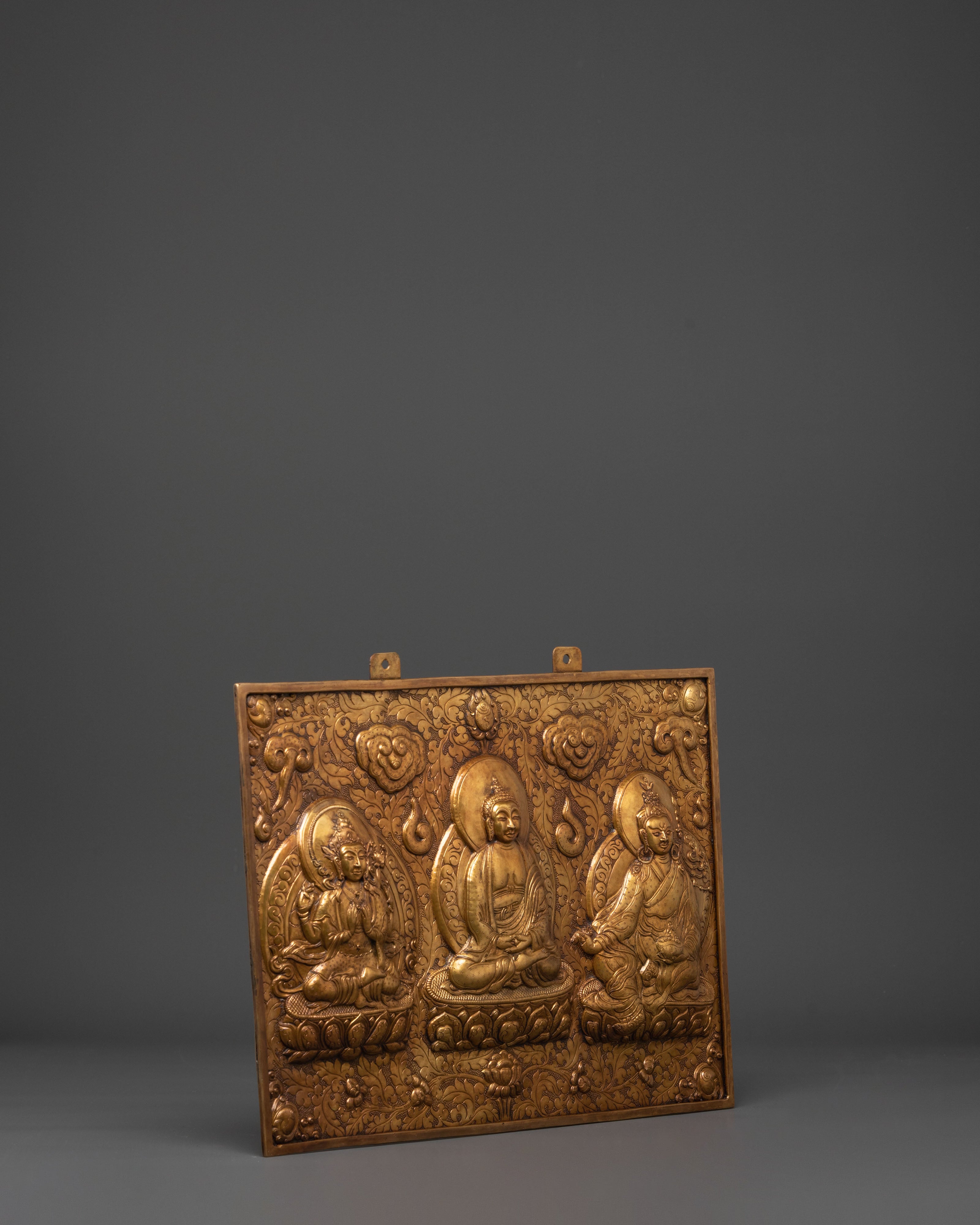 Handmade Buddhist Wall Hanging Brass | Three Buddha Trinity Sacred Art