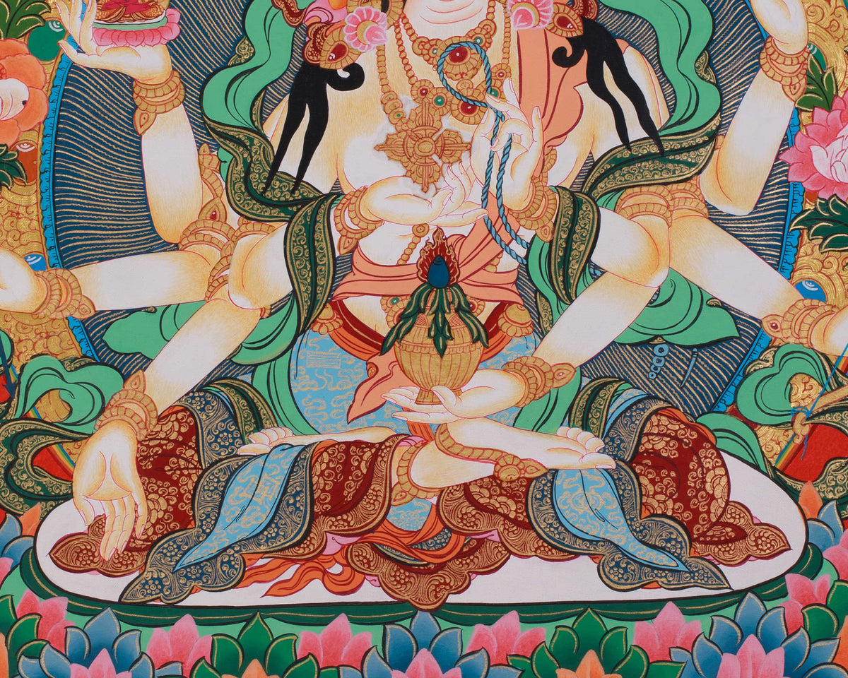 Namgyalma with Five Dhyani Buddhas White Tara and Amitayus | A Sacred Thangka of Longevity and Purification