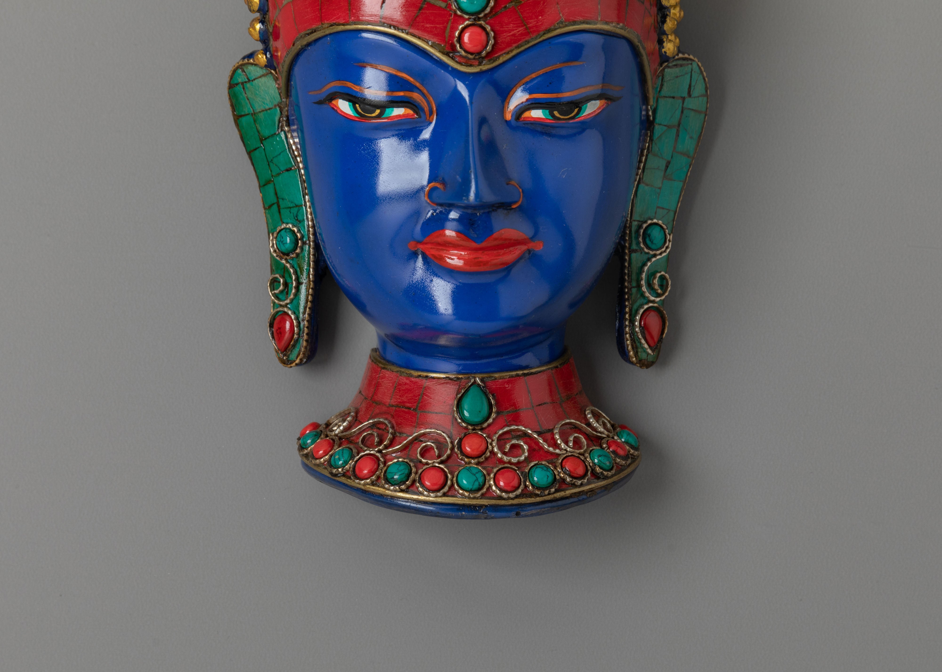 Spiritual Himalayan Buddha Face Wall Hanging | Turquoise & Coral Inlay with Filigree