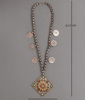 Handmade Silver Locket with Intricate Design | Coral Turquoise Buddhist Amulet