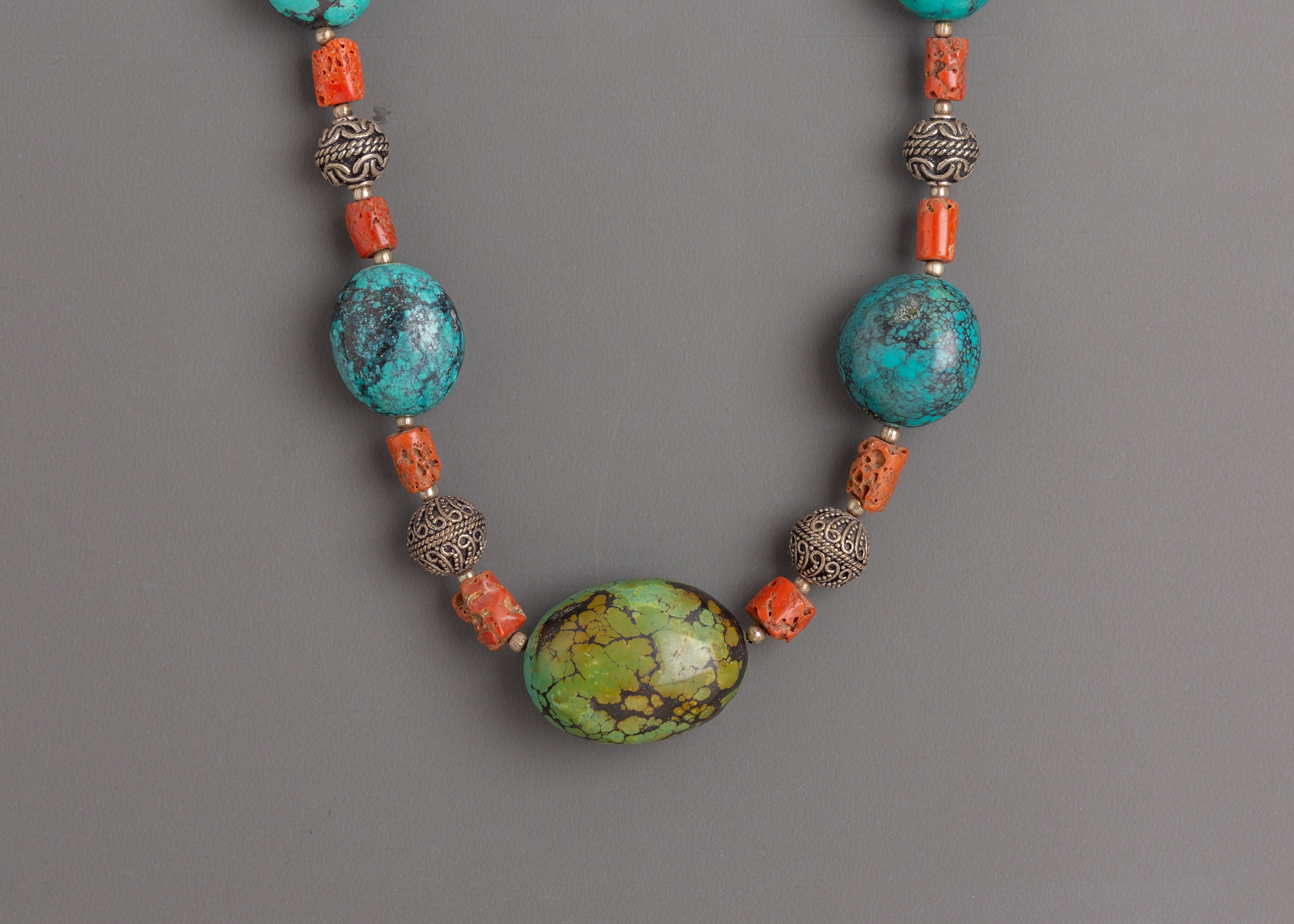 Sacred Turquoise Coral Beaded Mala | Tibetan Prayer Beads Silver Jewelry