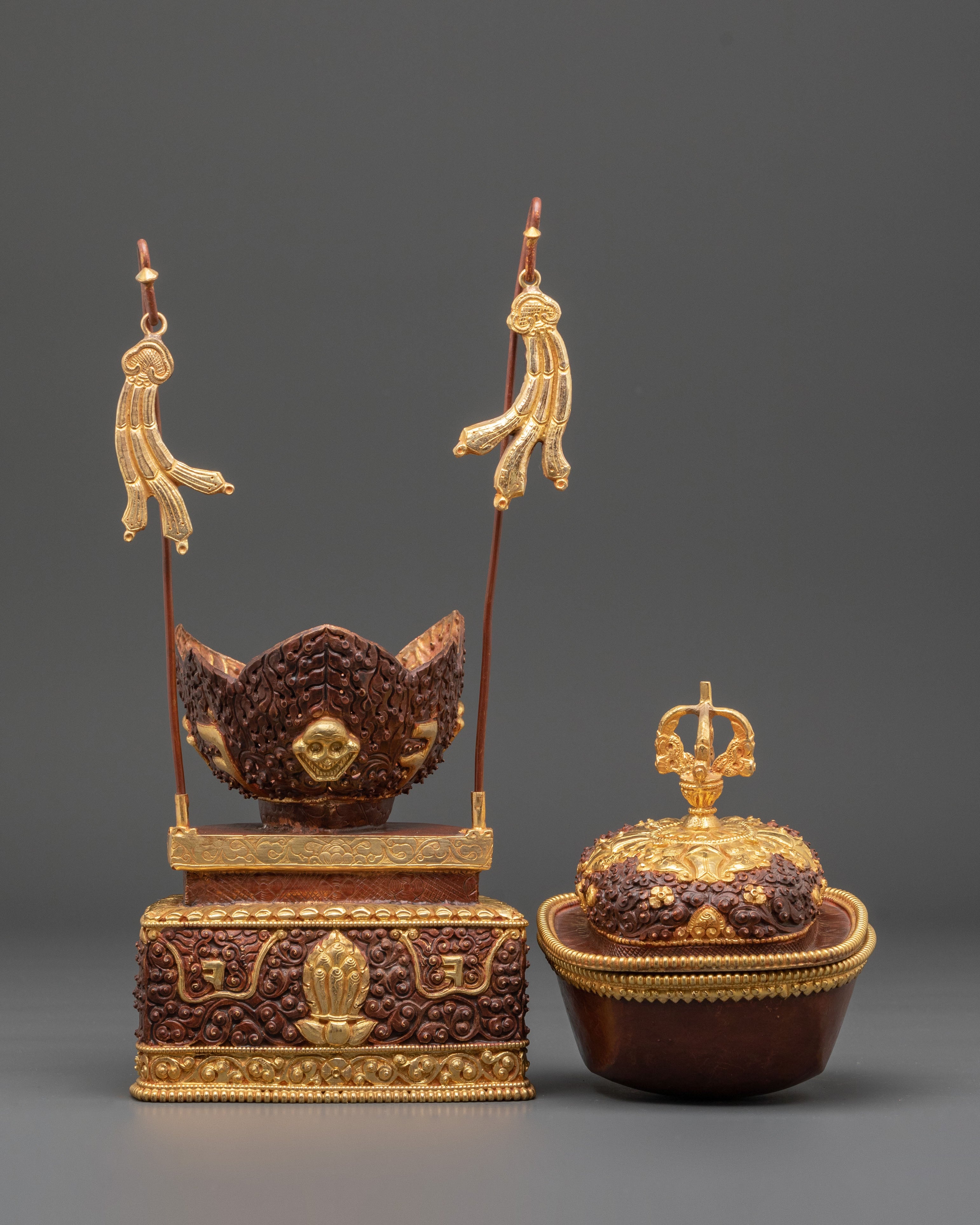 Handmade Gold Plated Kapala Set | Tibetan Ritual Skull Cup Offering Set